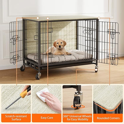 Dog Crate Furniture, 27.2" Double-Door Dog House with Removable Wheels, Heavy-Duty Wooden Kennel & Pull-Out Tray, Rustic Brown Side Table for Small Dogs, Grey