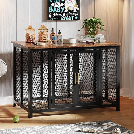 48 Inch Large Dog Crate Furniture with Top Access Door, Heavy Duty Dog Crate Wooden Indoor Decorate Pet Cage, Indestructible Pet Dog Cage for Medium to Large Dogs