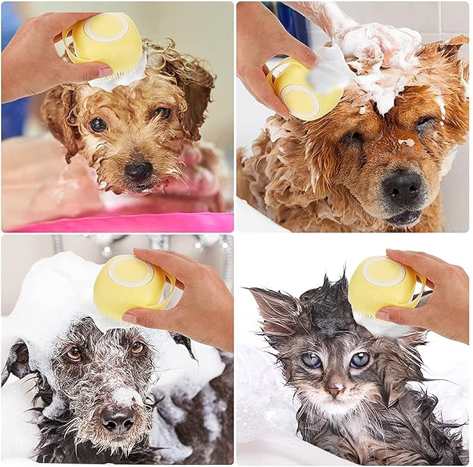 Silicone Pet Grooming Brush for Short and Long-Haired Dogs, Cats, and Puppies - Cleaning and Washing (Yellow)