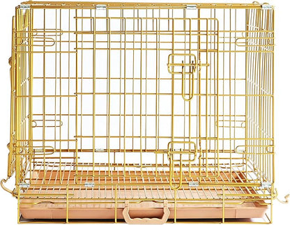 HOMEY PET 24" Gold Color Folding Design Dog Crate Puppy Ertra Small Breed Dog Kennels with Removable Floor Grid and Pull Out Tray, Dog Cage Copper Gold Finish