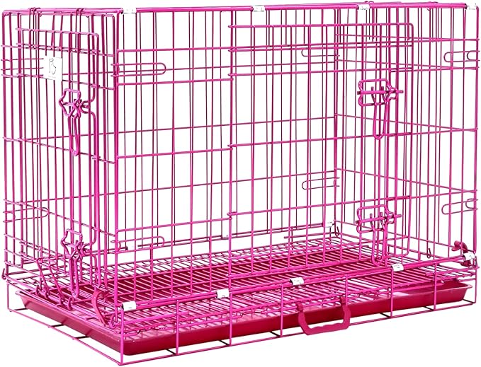 HOMEY PET 30 Inch Pink Dog Crate, Cute Cage Medium Sized Dog Collapsible Small Dog Kennel Indoor Nano-Coated Metal Wire Dog Crate with Removable Floor Grid Tray, Double Doors Dual Locks, Handle