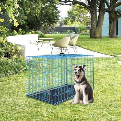 PayLessHere Large Dog Crate Kennel for Medium Large Dogs 36 inches Metal Dog Cage Double-Door Folding Travel Indoor Outdoor Puppy Playpen with Divider and Handle Plastic Tray,Blue