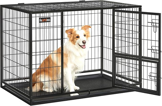 Feandrea Heavy-Duty Dog Crate, Metal Dog Kennel and Cage with Removable Tray, XL for Medium and Large Dogs, 42.1 x 27.6 x 29.5 Inches, Black UPPD001B01