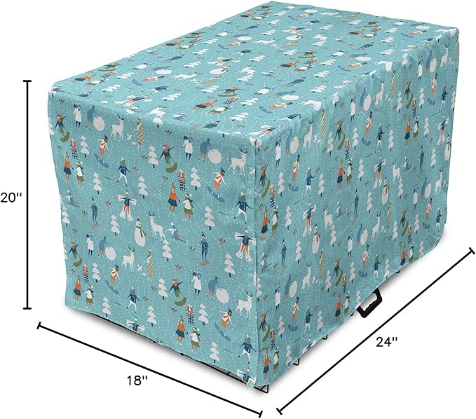 Lunarable Christmas Dog Crate Cover, Winter Games Theme Pattern with Snowman Trees Snowboard Reindeer and Adults, Easy to Use Pet Kennel Cover for Cats & Medium Dogs, 24 Inch, Multicolor