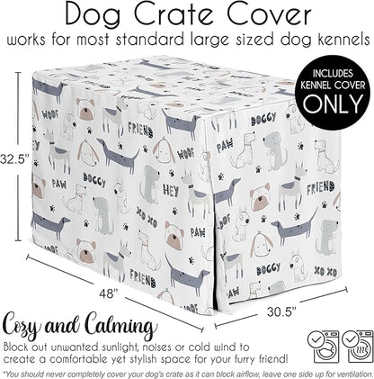 Sweet Jojo Designs 48in. Large Dog Crate Cover (Cartoon Puppy Print) Pet Cage, Kennel Covers (Neutral, Modern, Bulldog, Wiener Doggy, Paws, Whimsical, Playful, Woof, Dachshund, Blue, Taupe, Grey)