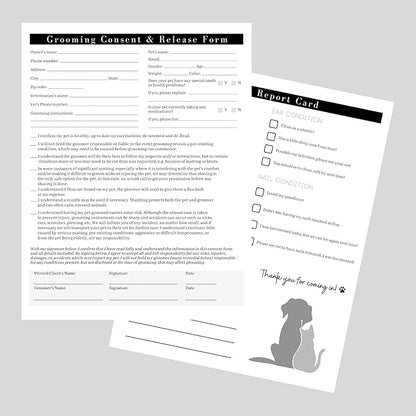 Pet Grooming Intake Forms, Consent & Release, Matted Coat Clip-Off Agreement, Pet Report Card | 50 pk, 25 of each, dbl sided | 8.5x11” Groomer Signature Client Grooming Tips Black and White Minimalist