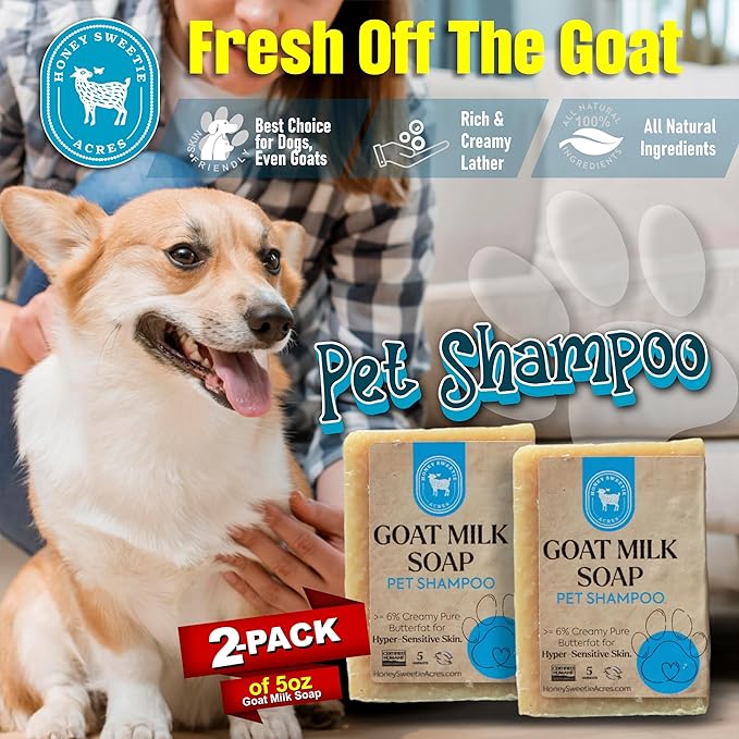 Honey Sweetie Acres 2-Pack All-Natural Pet Shampoo Bar with Fresh Goat Milk - Moisturizing Relief for Dry, Itchy Skin - Leaves A Fresh, Clean Scent - Eliminate Dirty Pet Odor, 5 oz Bar (2 Count)