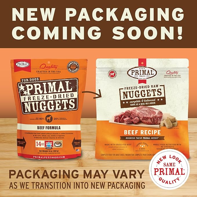 Primal Freeze Dried Dog Food Nuggets, Beef; Complete & Balanced Meal; Also Use as Topper or Treat; Premium, Healthy, Grain Free, High Protein Raw Dog Food, 14 oz (Pack of 4)