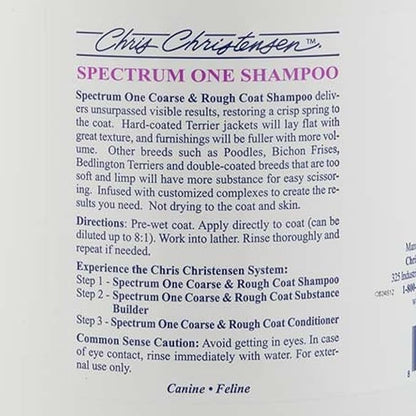 Chris Christensen Spectrum One Dog Shampoo, Coarse and Rough Coat, Groom Like a Professional, Repairs and Protects, Maintains Inner Cortex Hydration, Made in The USA, 1 Gal