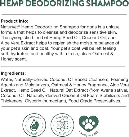 NaturVet – Hemp Deodorizing Shampoo for Dogs - Plus Oatmeal & Honey – 16 oz – Gently Cleanses & Deodorizes Skin & Coat – Enhanced with Hemp Seed Oil, Coconut Oil & Aloe Vera Extract