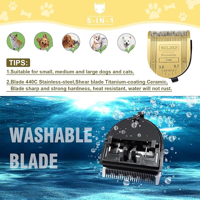 COSYONALL Adjustable Dog Grooming Clipper 5-in-1 Blade Compatible with WAHL Professional Animal Clipper Arco, Bravura, Chromado, Creativa, Figura, and Motion Pet, Dog, and Horse (Gold/3pc)
