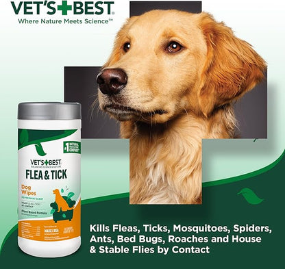 Vet's Best Flea and Tick Wipes for Dogs, Dog Wipes for Kennel, Flea and Tick Prevention, Plant-Based Formula, Pet Essentials, Made in USA, Certified Natural Oils, 50 ct