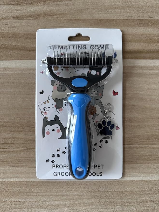 Pet Comb Stainless Steel Double-Sided Shedding Dematting Cat Dog Rake Pet Brush With Stainless Steel Dog Tag,Paw Pet Stainless (BLUE)