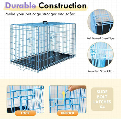 PayLessHere Large Dog Crate Kennel for Medium Large Dogs 24 inches Metal Dog Cage Double-Door Folding Travel Indoor Outdoor Puppy Playpen with Divider and Handle Plastic Tray,Blue