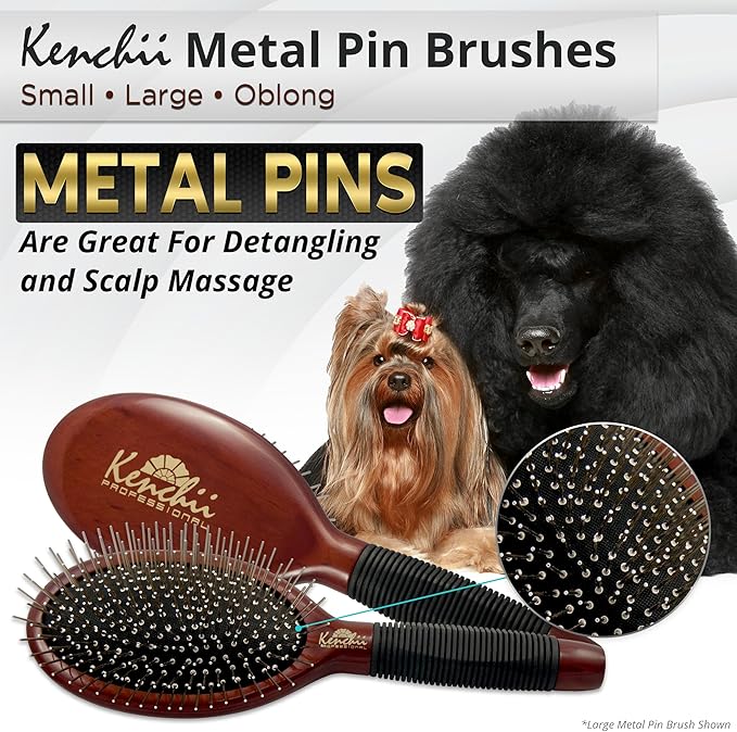 Kenchii Pet Grooming Metal Pin Brush | Solid Wood, Non-Slip Grip Detangling and Shedding Tool for Long or Short Haired Pets - Large Oblong Size