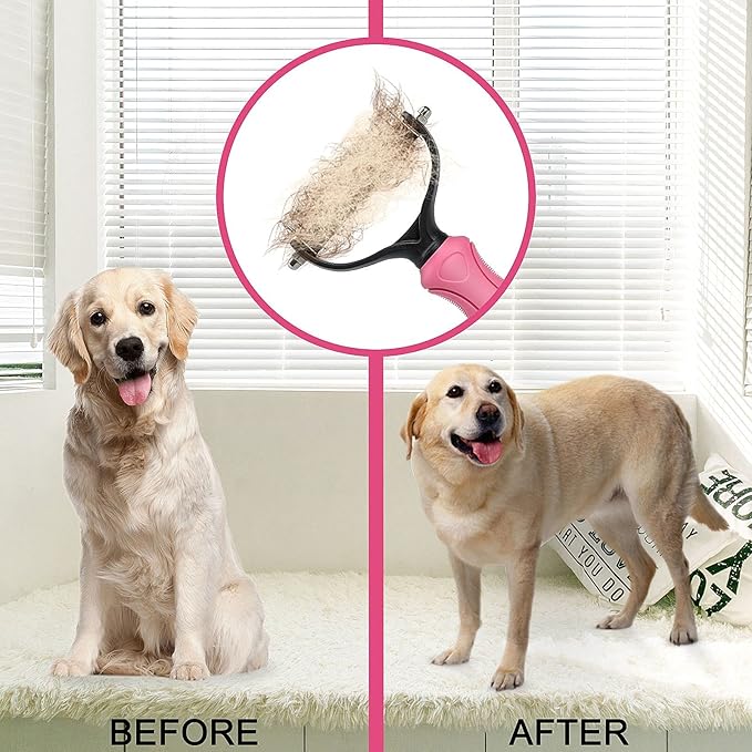 Undercoat Rake for Dogs, 2 Side Undercoat Brush for Deshedding and Dematting for Dog Cat Rabbit, Professional Pet Grooming HairTools, Removes Loose Undercoat and Nasty Shedding, Pink