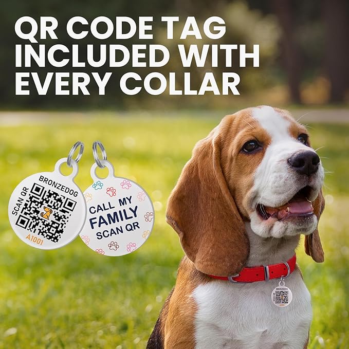 BRONZEDOG Rolled Leather Dog Collar with QR ID Tag Adjustable Soft Round Collars for Small Medium Large Dogs Puppy Cat (7" - 10" Neck Size, Classic Red)