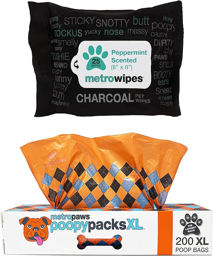 MetroPaws Peppermint Dog Wipes, 25 Extra Large, Thick Cleaning Wipes & Waste Packs XL - 200 Extra Large Dog Bags, Leakproof, Durable Pet Waste Bags for Easy Cleanup [ORANGE]