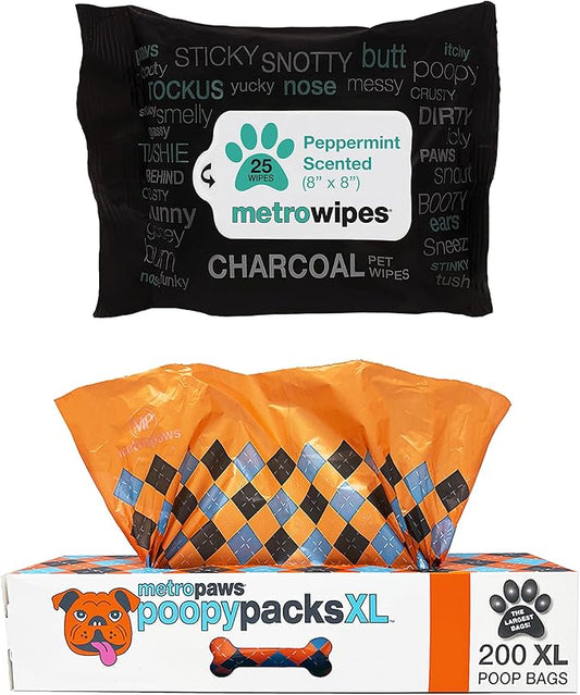 MetroPaws Peppermint Dog Wipes, 25 Extra Large, Thick Cleaning Wipes & Waste Packs XL - 200 Extra Large Dog Bags, Leakproof, Durable Pet Waste Bags for Easy Cleanup [ORANGE]