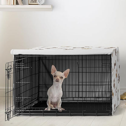 Sweet Jojo Designs 24in. Small Dog Crate Cover (Bones and Paw Prints) Pet Cage, Kennel Covers (Modern, Cartoon, Doggy, Puppy, Neutral, Paws Print, Whimsical, Brown, Tan, Grey, Taupe and Off White)