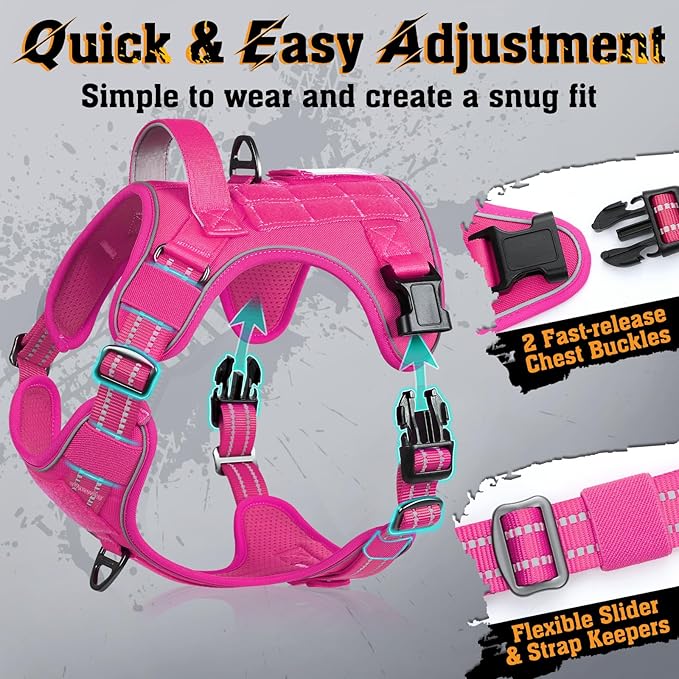 rabbitgoo Dog Harness for Large Dogs No Pull, Tactical Service Dog Vest with Molle and Control Handle, Adjustable and Reflective Military Pet Harness for Easy Walking and Training, Rose Red, XL