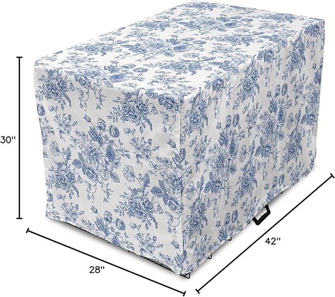 Lunarable Flowers Dog Crate Cover, Floral Themed Monochromatic Roses Peonies Bells Peas Bouquet Composition, Easy to Use Pet Kennel Cover for Medium Large Dogs, 42 Inch, White Blue