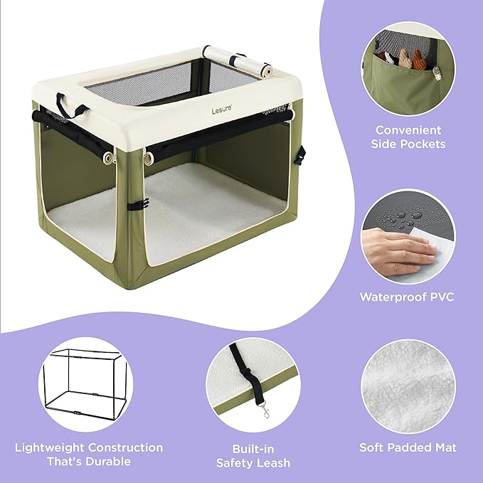 Lesure Collapsible Travel Dog Crate for Small Dogs, Portable Soft Dog Crate for Outdoor & Indoor, Folding Fabric Dog Kennel with Handle, 36 Inch Heavy Duty Pet Carrier (Green)