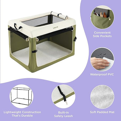 Lesure Collapsible Travel Dog Crate for Small Dogs, Portable Soft Dog Crate for Outdoor & Indoor, Folding Fabric Dog Kennel with Handle, 36 Inch Heavy Duty Pet Carrier (Green)