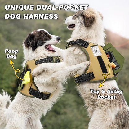 WINGOIN Tactical Dog Harness for Extra Large Dogs, No Pull Harness with Handle Pockets Poop Bag, Reflective Dog Vest, Military Service Heavy Duty Big Dog Harness for Walking Hiking Training, Khaki, XL