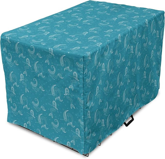 Lunarable Mermaid Tail Dog Crate Cover, Cartoon Design of Aquatic Girl Swimming Underwater Bubbles, Easy to Use Pet Kennel Cover for Medium Large Dogs, 36 Inch, Dark Turquoise Ivory