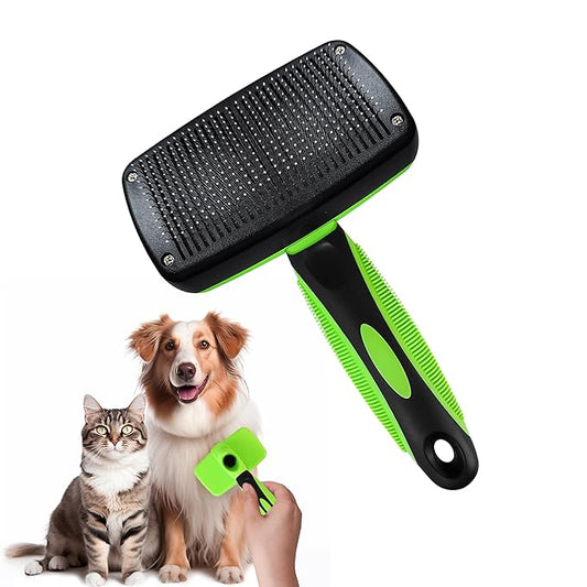 Qianruida Self Cleaning Slicker Brush for Grooming Long-haired or Short-haired Cats and Dogs Pet Brush for Shedding for Removing Undercoat and Tangled Hairs, Green