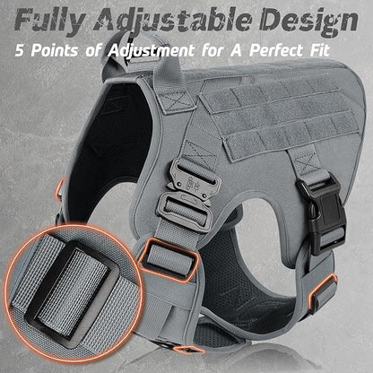 rabbitgoo Tactical Dog Harness for Large Dogs, Heavy Duty Dog Harness with Handle, No-Pull Service Dog Vest Large Breed, Adjustable Military Dog Vest Harness for Training Hunting Walking, Grey, L