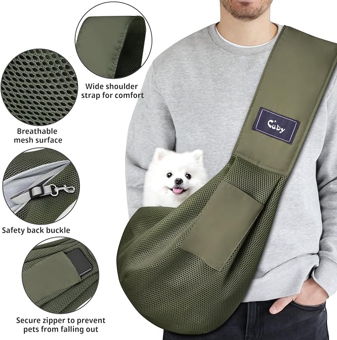 CUBY Dog and Cat Sling Carrier, Hands Free Reversible Pet Papoose Bag, Soft Pouch Adjustable, Suitable for Puppy Cats for Outdoor Travel (Green Mesh, one Size mesh)