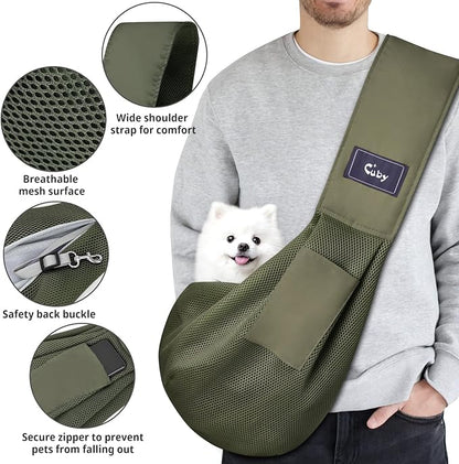CUBY Dog and Cat Sling Carrier, Hands Free Reversible Pet Papoose Bag, Soft Pouch Adjustable, Suitable for Puppy Cats for Outdoor Travel (Green Mesh, one Size mesh)