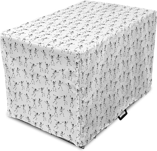 Lunarable Skull Dog Crate Cover, Cartoon Pattern of Monochrome Skeletons Halloween Themed Illustration Horror, Easy to Use Pet Kennel Cover for Cats & Medium Dogs, 24 Inch, White Black