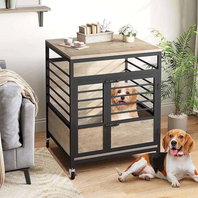 DWVO Dog Crate Furniture, 23.6 Inch Dog Kennel Indoor Furniture End Table for Small Dogs, Modern Decorative Cage Wooden Dogs Crate Furniture with Wheels, Chew-Resistant, Grey