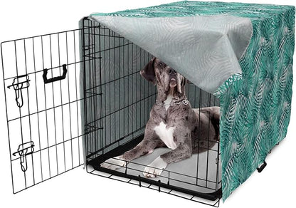 Lunarable Leaf Dog Crate Cover, Fresh Tropical Exotic Island Palm Tree Leaves in Jungle Abstract Watercolor, Easy to Use Pet Kennel Cover for Medium Large Dogs, 48 Inch, Pale Blue and Green
