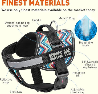 Dogline Unimax Dog Harness Vest with Service Dog Patches Reflective No-Pull, Adjustable Straps, Breathable Neoprene for Medical, Service, Identification and Training Dogs Girth 28 to 38" Aztec
