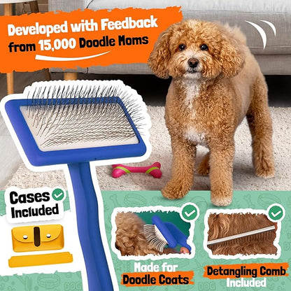 Slicker Brush for Dogs - Doodle Brush - Goldendoodles Labradoodles Bernedoodles - Goldendoodle Must Haves - Poodle Comb and Cases Included - Medium - Blue