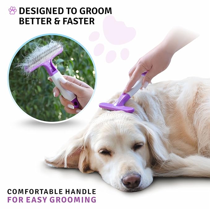POODLIE Poodle Pet Dog Grooming Rake| Dematting Tool with Stainless Steel Shedding Comb for Pets | 2 Rows of Pins Gently Remove Loose or Tangled Hair from Undercoat | Purple Handle