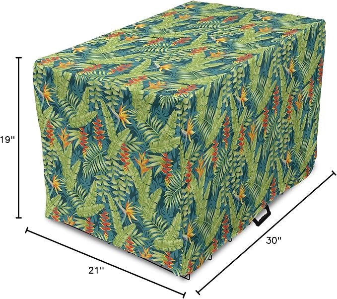 Lunarable Tropical Dog Crate Cover, Exotic Bird of Paradise Blossoms Banana and Areca Fan Palm Leaves, Easy to Use Pet Kennel Cover for Cats & Medium Dogs, 30 Inch, Yellow Green and Dark Teal