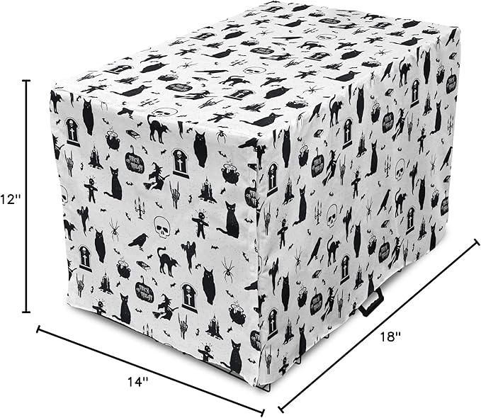 Lunarable Halloween Dog Crate Cover, Horror Pattern Tombstone Kitty Owl Voodoo Trick or Treat Pumpkin, Easy to Use Pet Kennel Cover for Small Dogs Puppies Kittens, 18 Inch, Grey Black Charcoal