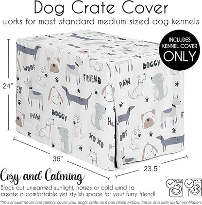 Sweet Jojo Designs 36in. Medium Dog Crate Cover (Cartoon Puppy Print) Pet Cage, Kennel Covers (Neutral, Modern, Bulldog, Wiener Doggy, Paws, Whimsical, Playful, Woof, Dachshund, Blue, Taupe, Grey)