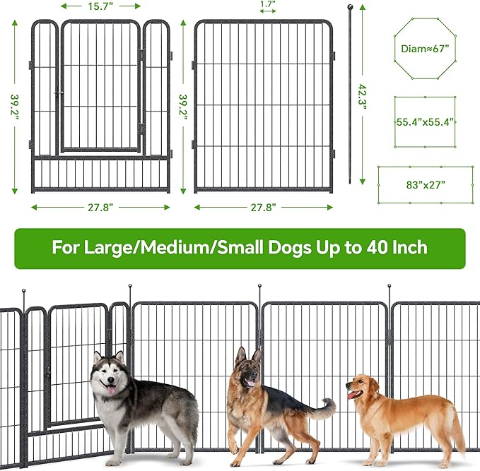 Mr Ironstone Dog Playpen with Anti-Rust Coating – 40" Height 8 Panels Portable & Foldable Indoor/Outdoor Pet Fence for Large, Medium, or Small Dogs – Durable Exercise Pen