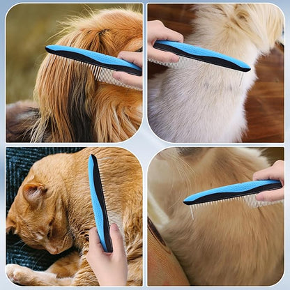 Pet Comb for Dogs and Cats - 2-in-1 Design with Wide & Narrow Teeth, Stainless Steel Round Ends for Safe Detangling, Non-Slip Handle, Removes Knots, Mats, Tangles, and Loose Fur
