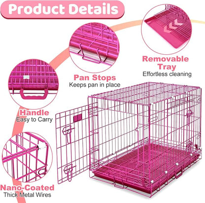HOMEY PET 30 Inch Pink Dog Crate, Cute Cage Medium Sized Dog Collapsible Small Dog Kennel Indoor Nano-Coated Metal Wire Dog Crate with Removable Floor Grid Tray, Double Doors Dual Locks, Handle