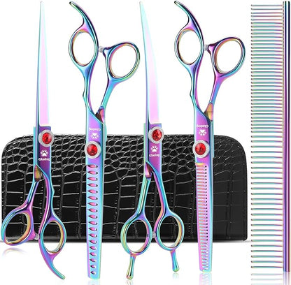 GLADOG 7 Inch Professional Dog Grooming Scissors Kit, Titanium Dog Scissors for Grooming, Heavy-Duty Dog Shears for Grooming, 6-in-1 Pet Grooming Scissors for Dogs (Pro Rainbow)