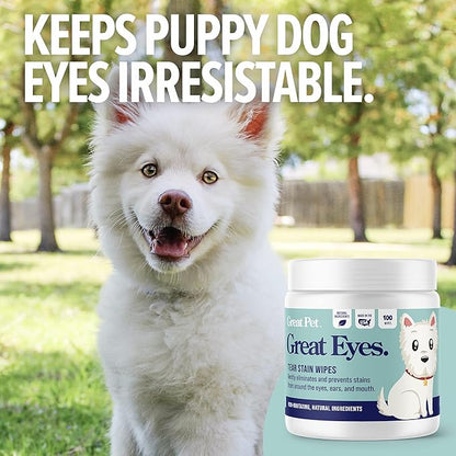 Great Eyes - Safe & Gentle Tear Stain Remover for Dogs - Natural Eye Wipes for Dogs - Made in The USA & Easy to Use Pre-Soaked Wipes - 100 Wipes