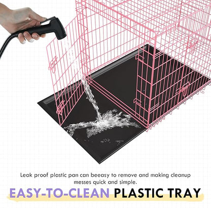 PayLessHere Large Dog Crate Kennel for Medium Large Dogs 24 inches Metal Dog Cage Double-Door Folding Travel Indoor Outdoor Puppy Playpen with Divider and Handle Plastic Tray,Pink