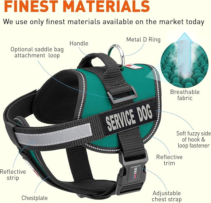 Dogline Unimax Service Dog Harness Vest with Removable Service Dog Patches Adjustable Straps Breathable Neoprene for Medical Identification Training Dogs Girth 15 to 19 in Turquoise